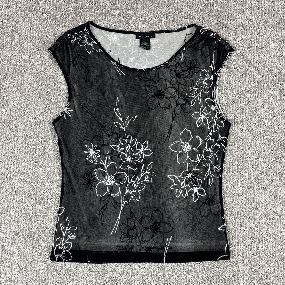 The Limited Top Womens Medium Black Dark Floral Sheer Mesh Y2K Whimsigoth Fairy